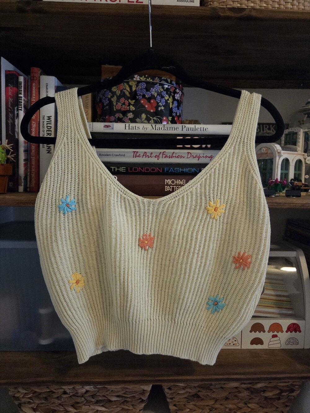 By Together Cream Ribbed V-Neck Tank with Orange, Yellow & Blue Floral Appliqués